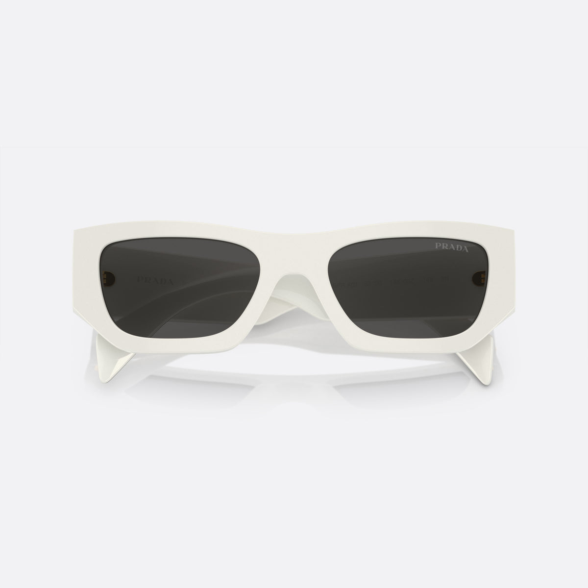 Prada PR A01S 53 sunglasses, white pillow frame, unisex, plain bridge, brand lettering on temple, full-rim, folded