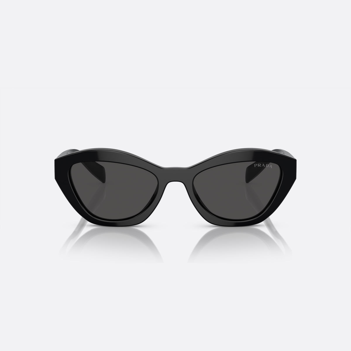 Prada PR A02S 16K-08Z B sunglasses, black butterfly frame for women, plain bridge, brand lettering on temples, plaque on temple, front view