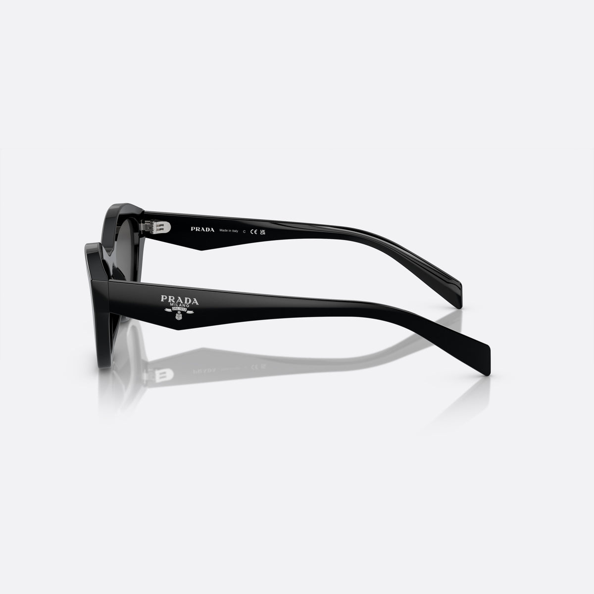 Prada PR A02S 16K-08Z B sunglasses, black butterfly frame for women, plain bridge, brand lettering on temples, plaque on temple, side view