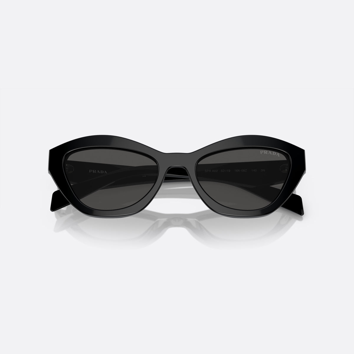 Prada PR A02S 16K-08Z B sunglasses, black butterfly frame for women, plain bridge, brand lettering on temples, plaque on temple, folded
