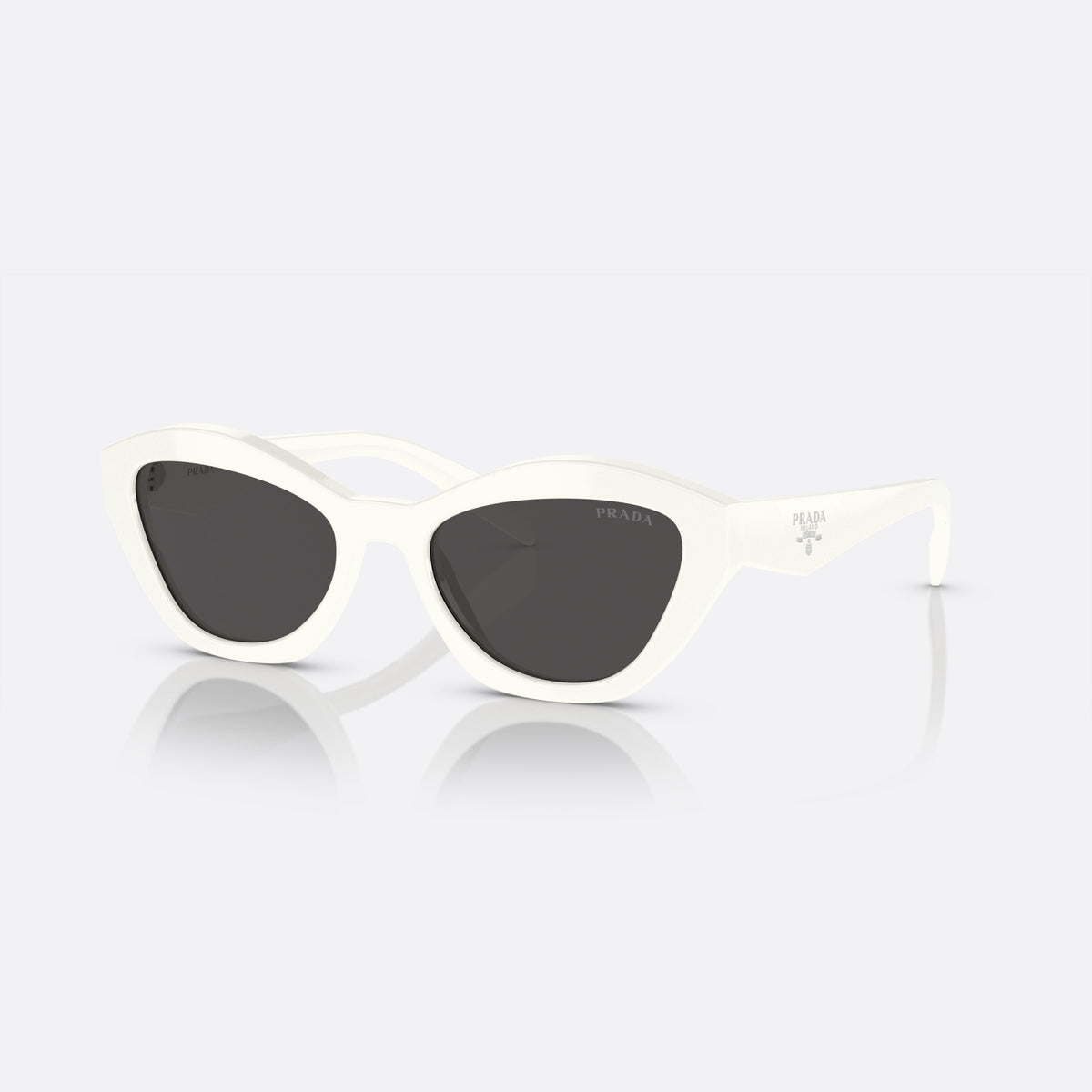 Prada PR A02S 17K-08Z sunglasses, white butterfly frame for women, plain integrated bridge, brand lettering on the lens