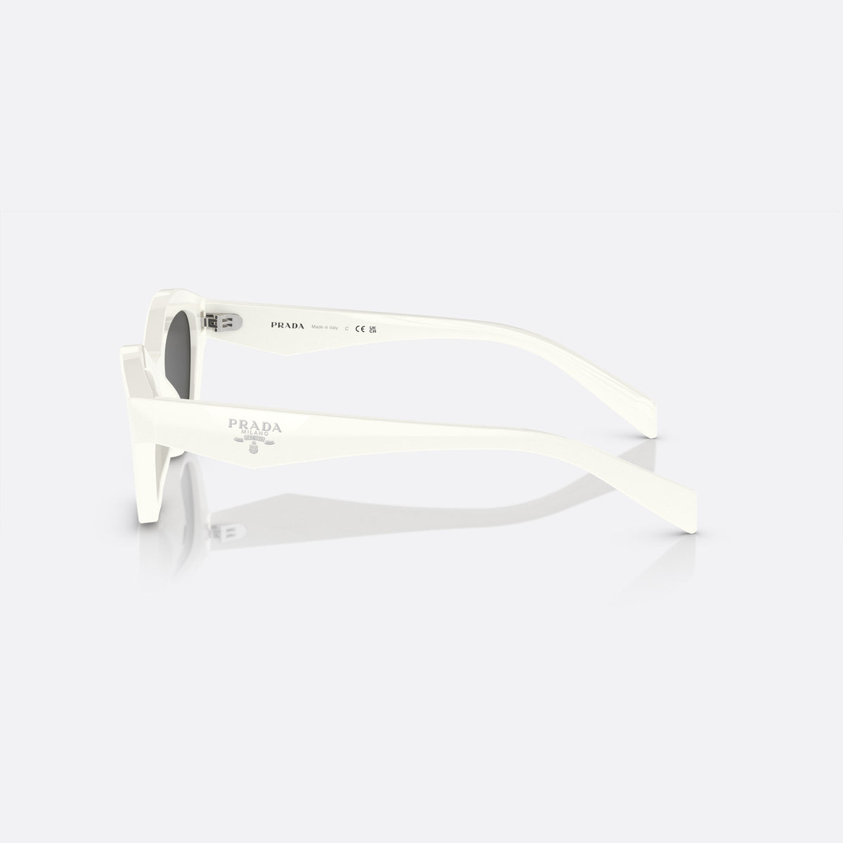 Prada PR A02S 17K-08Z sunglasses, white butterfly frame for women, plain integrated bridge, brand lettering on the lens, side view