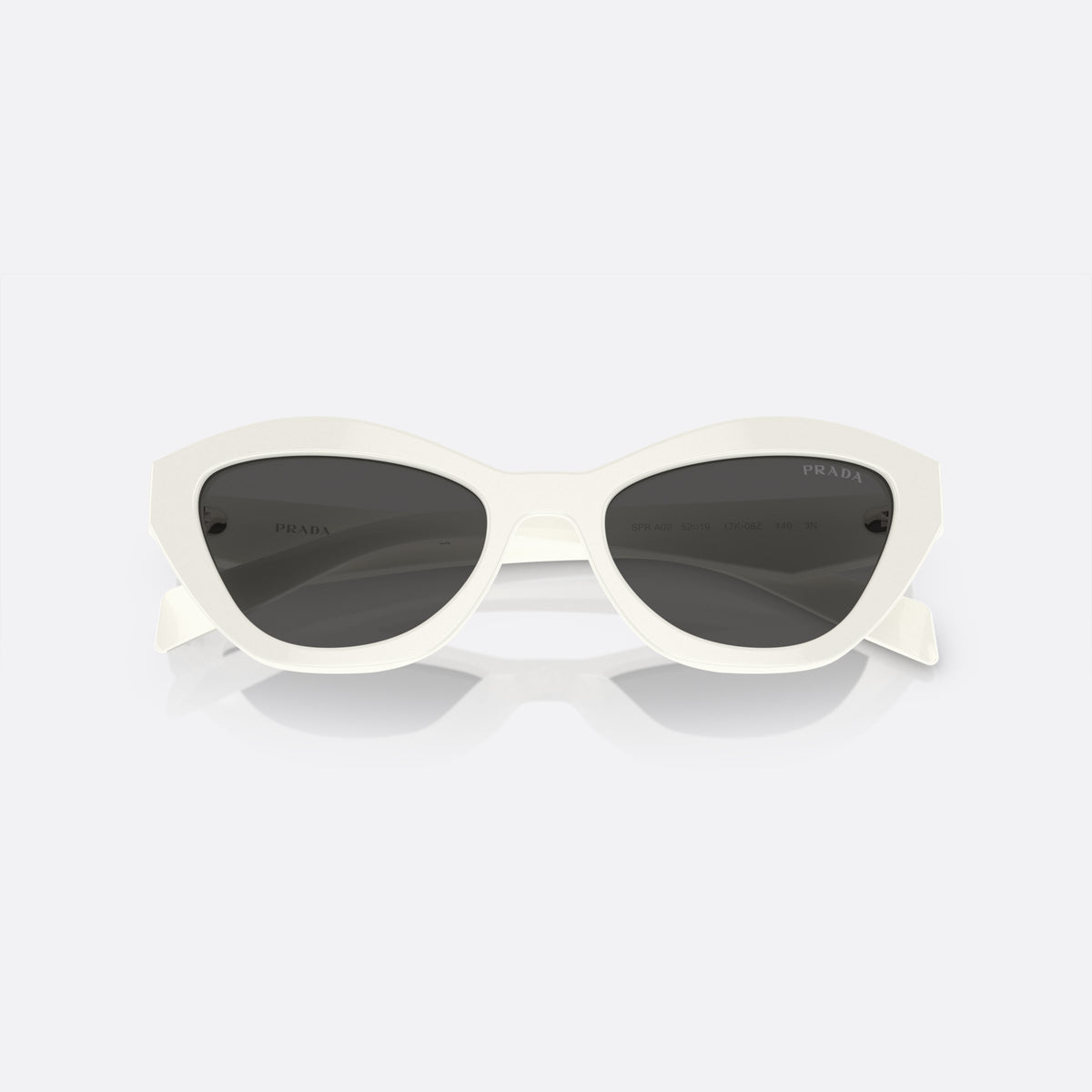 Prada PR A02S 17K-08Z sunglasses, white butterfly frame for women, plain integrated bridge, brand lettering on the lens, folded