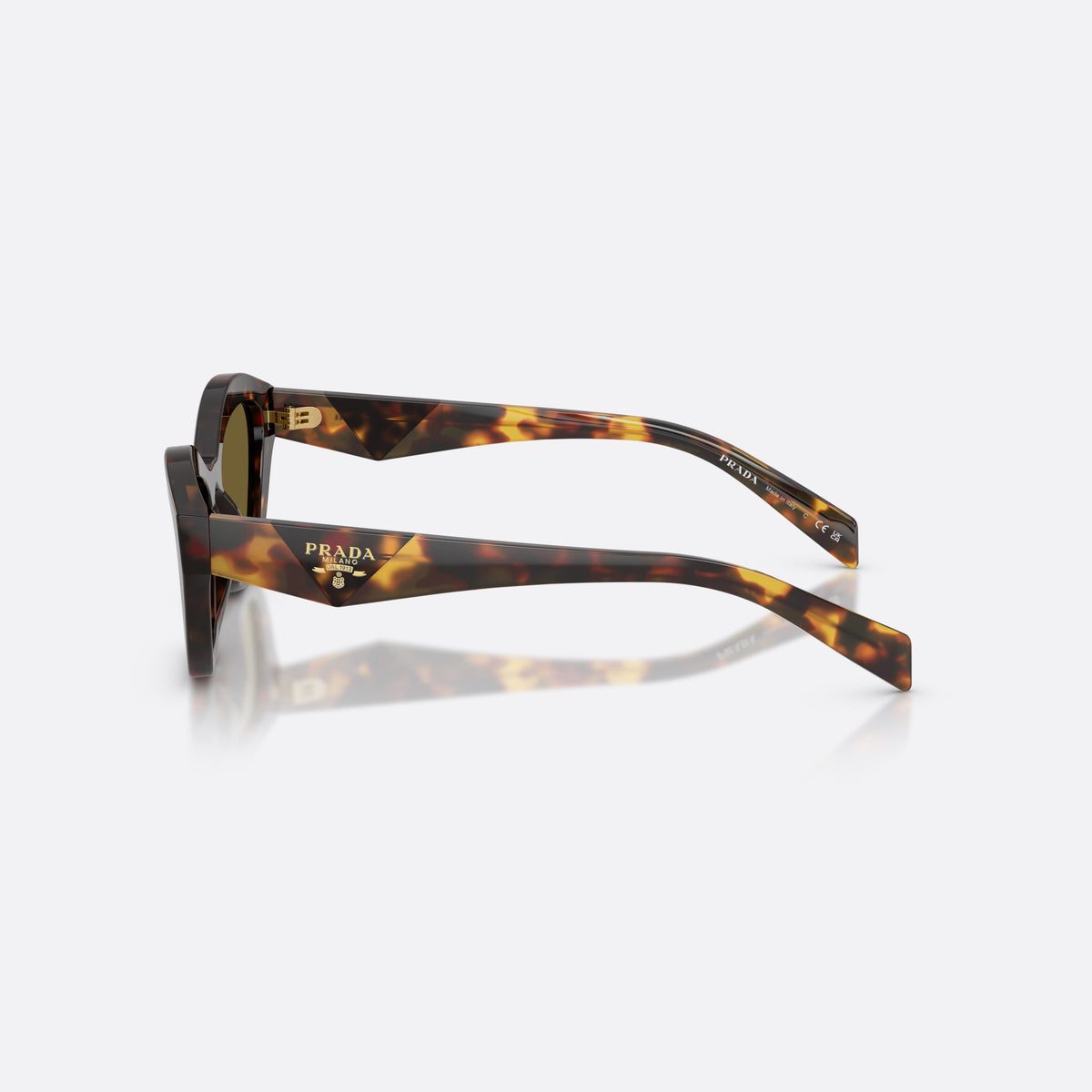 Prada PR A02S 17N09Z sunglasses, havana butterfly frame for women, plain integrated bridge, brand logo plaque on temple, side view