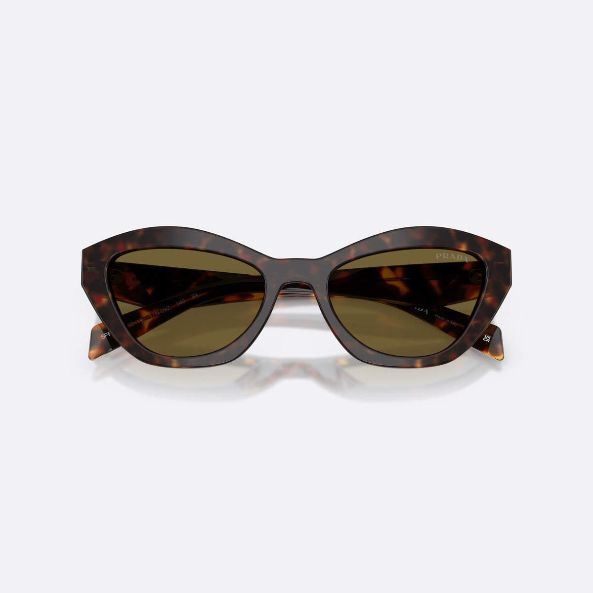 Prada PR A02S 17N09Z sunglasses, havana butterfly frame for women, plain integrated bridge, brand logo plaque on temple, folded