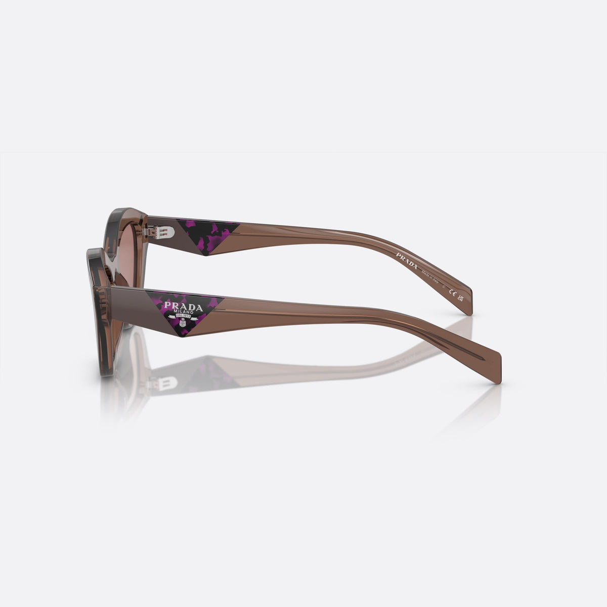 Prada PR A02S 17O-60B A sunglasses, brown butterfly frame for women, plain integrated bridge, brand lettering on temples, side view
