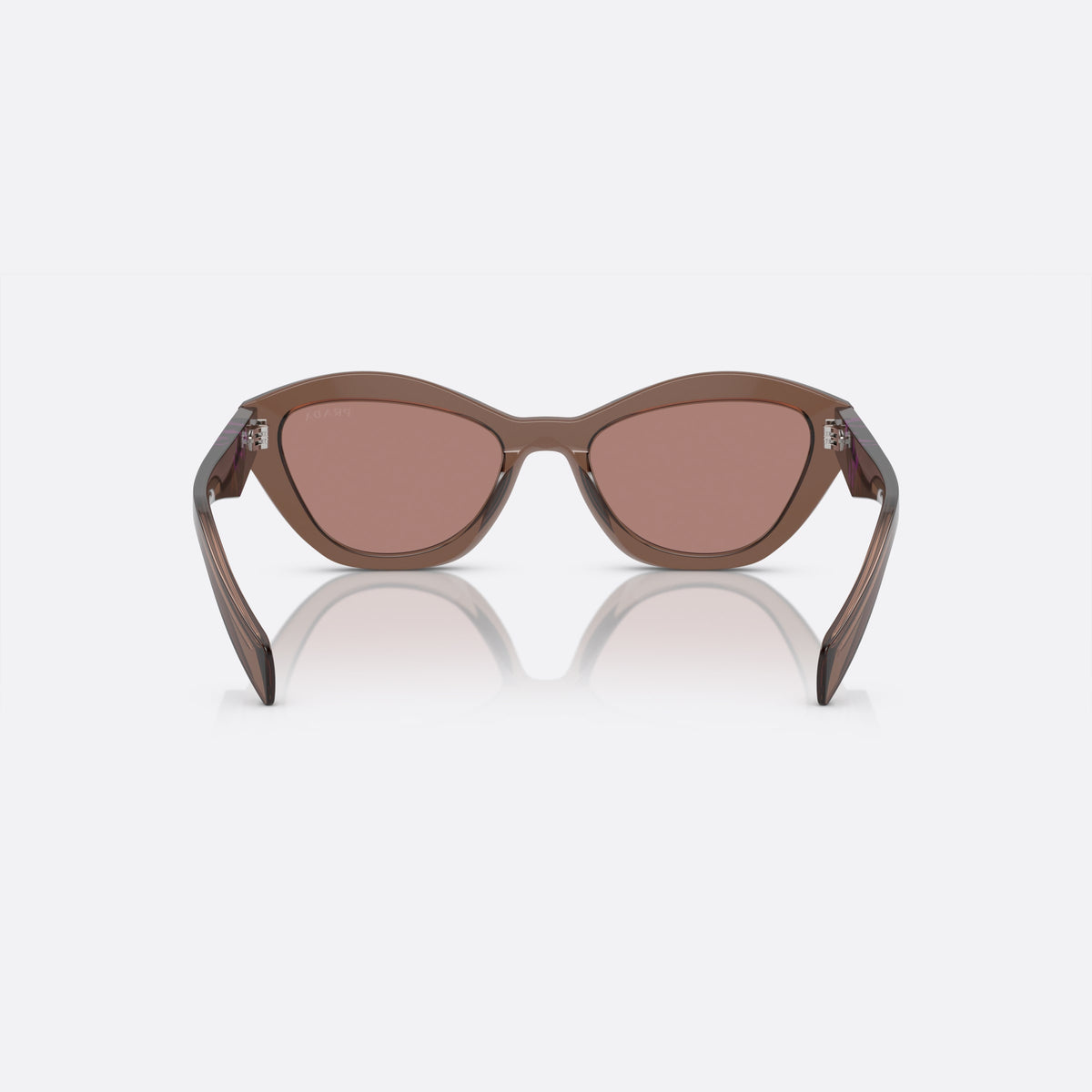 Prada PR A02S 17O-60B A sunglasses, brown butterfly frame for women, plain integrated bridge, brand lettering on temples, back view