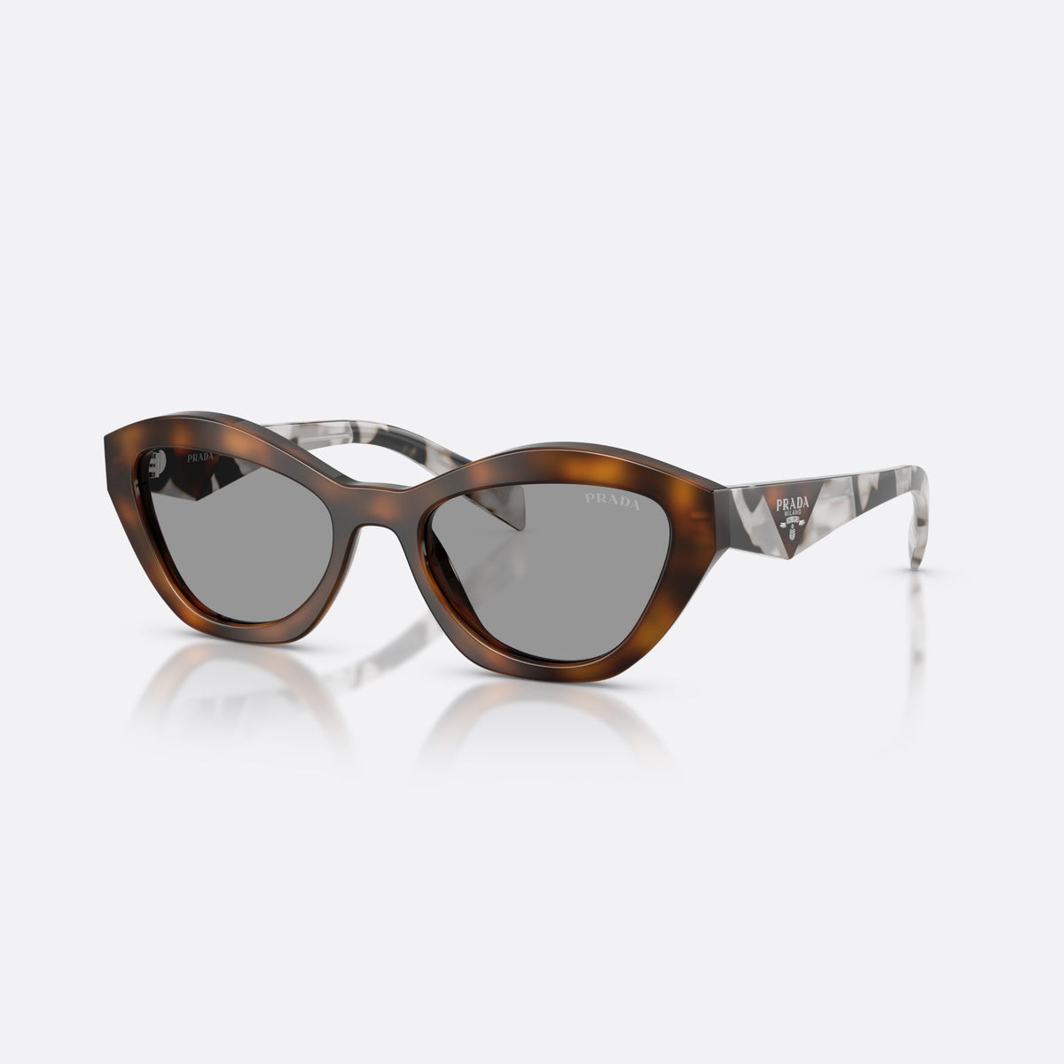 Prada PR A02S 20D50Q sunglasses, havana butterfly frame for women, plain bridge, brand lettering on lens, full-rim frame