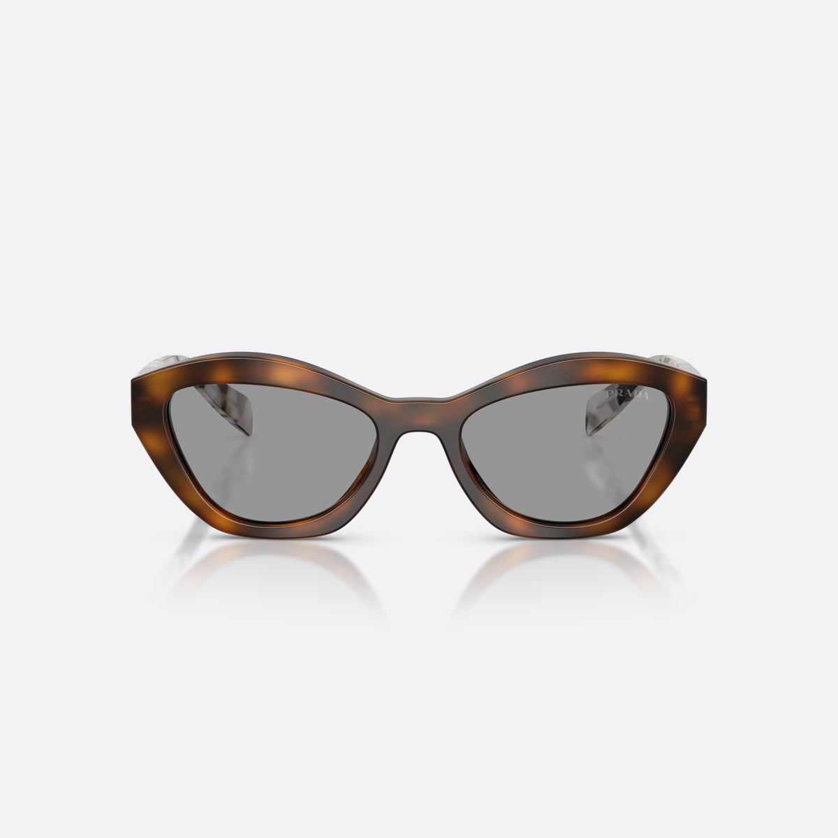 Prada PR A02S 20D50Q sunglasses, havana butterfly frame for women, plain bridge, brand lettering on lens, full-rim frame, front view