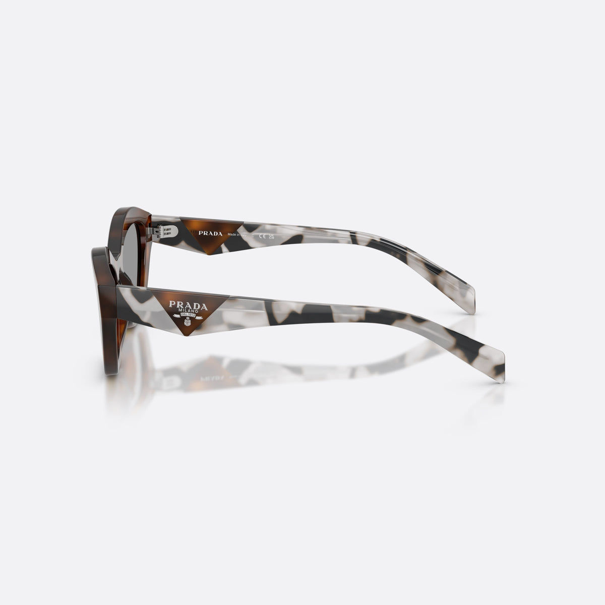 Prada PR A02S 20D50Q sunglasses, havana butterfly frame for women, plain bridge, brand lettering on lens, full-rim frame, side view