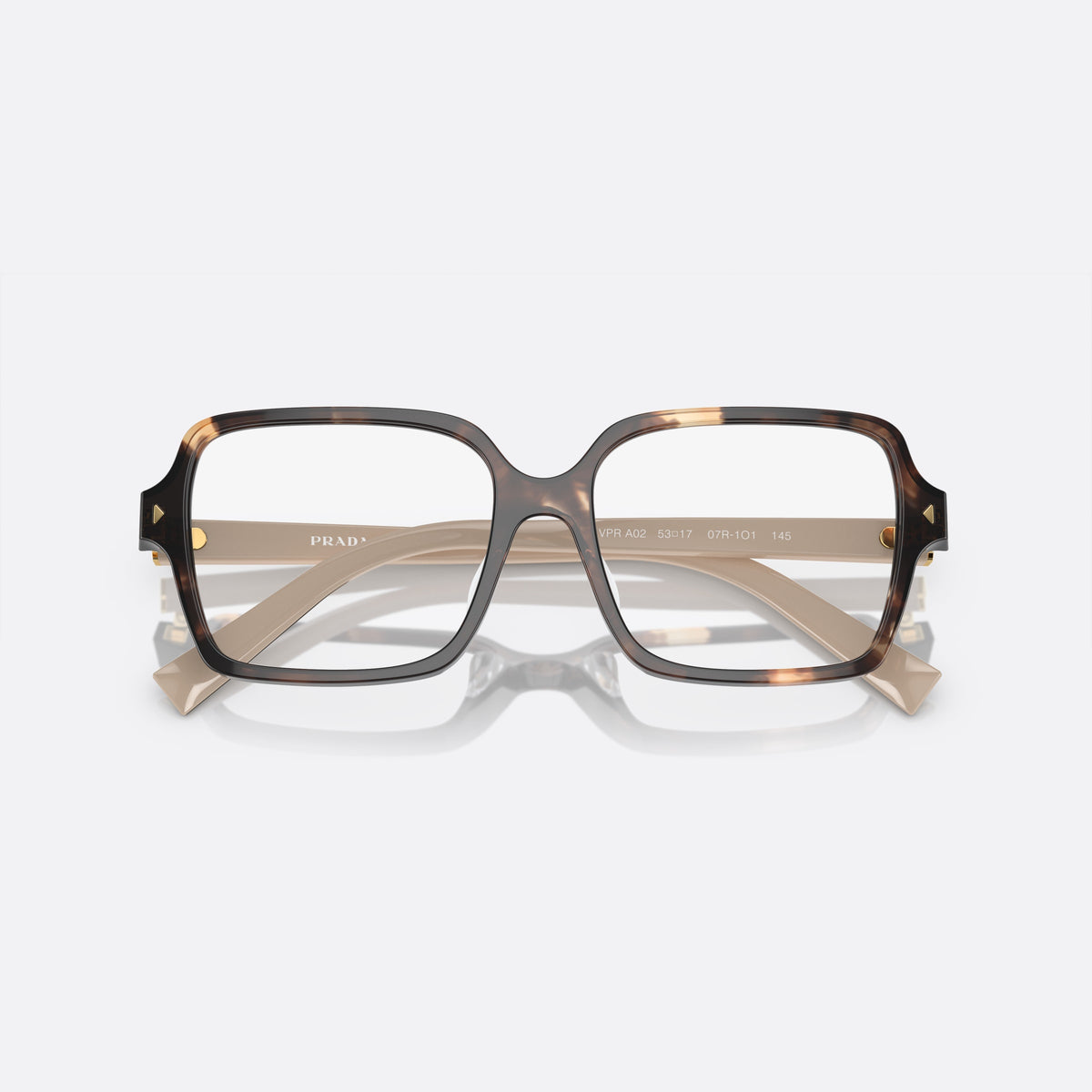 Prada PR A02V 07R-1O1 D eyeglasses, havana rectangle frame for women, plain double bridge, brand lettering on temples