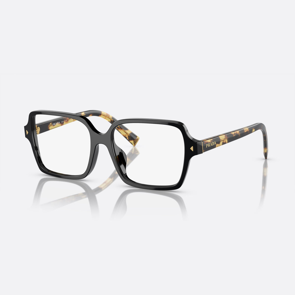 Prada PR A02V 389-1O1 A eyeglasses, black geometric frame for women, keyhole bridge, brand lettering on the temples