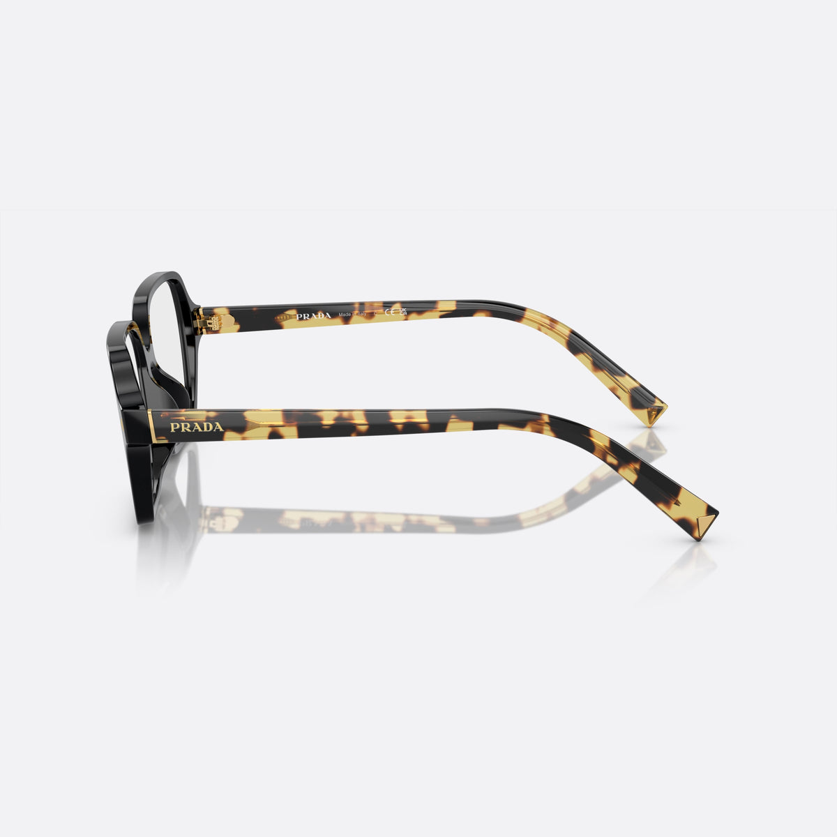Prada PR A02V 389-1O1 A eyeglasses, black geometric frame for women, keyhole bridge, brand lettering on the temples, side view
