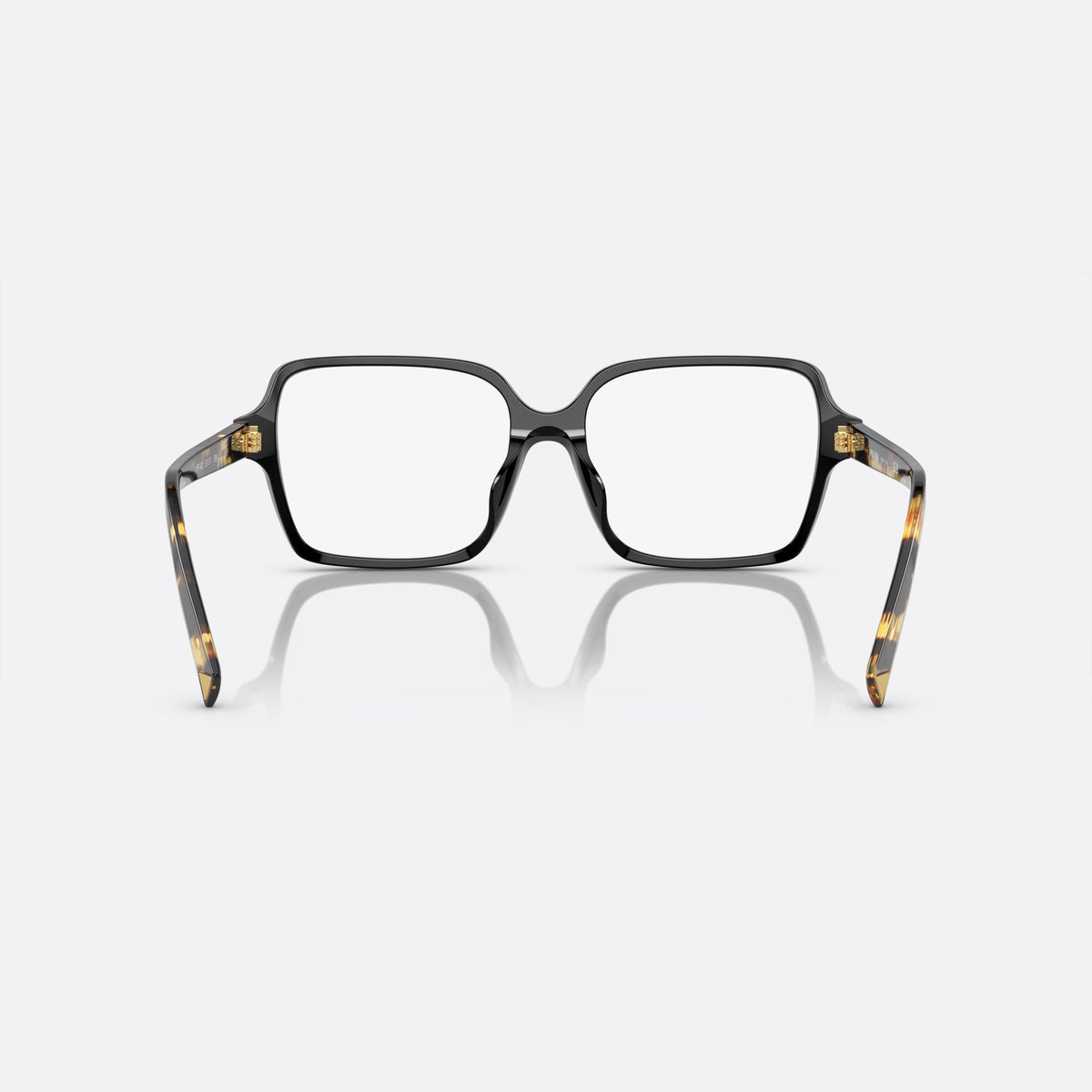 Prada PR A02V 389-1O1 A eyeglasses, black geometric frame for women, keyhole bridge, brand lettering on the temples, back view
