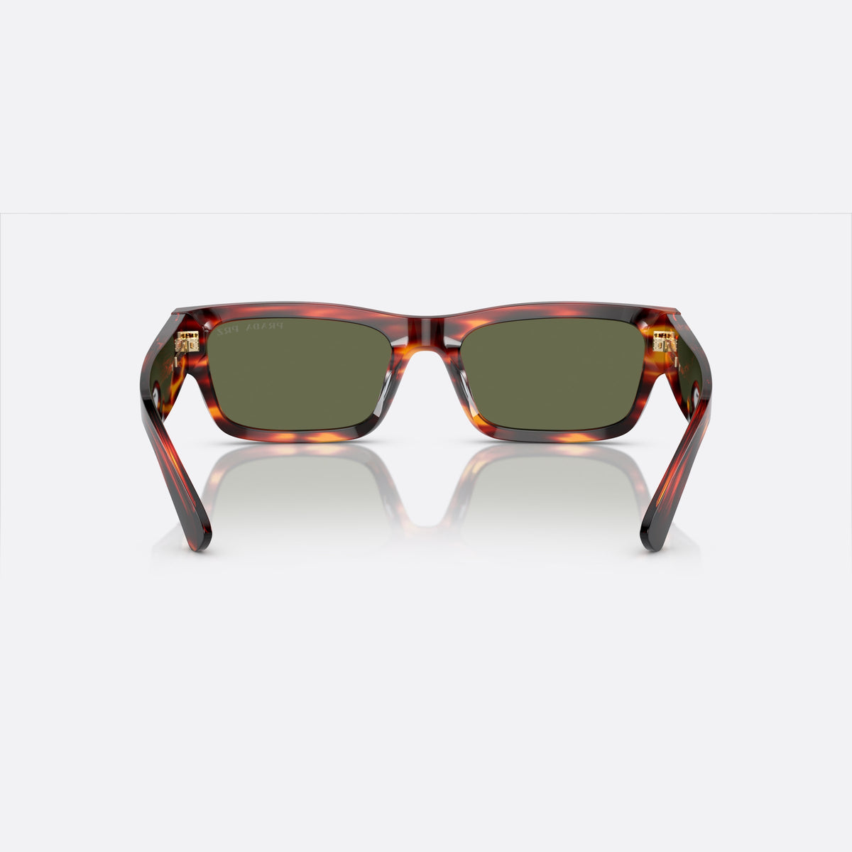Prada PR A03S 13O-03R X sunglasses, havana rectangle frame for men, plain double bridge, brand lettering on temple, back view