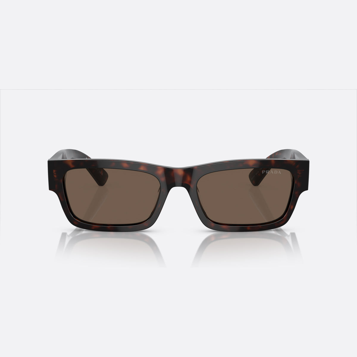 Prada PR A03S 17N/08T sunglasses, havana rectangular frame for men, plain bridge, brand lettering on temple