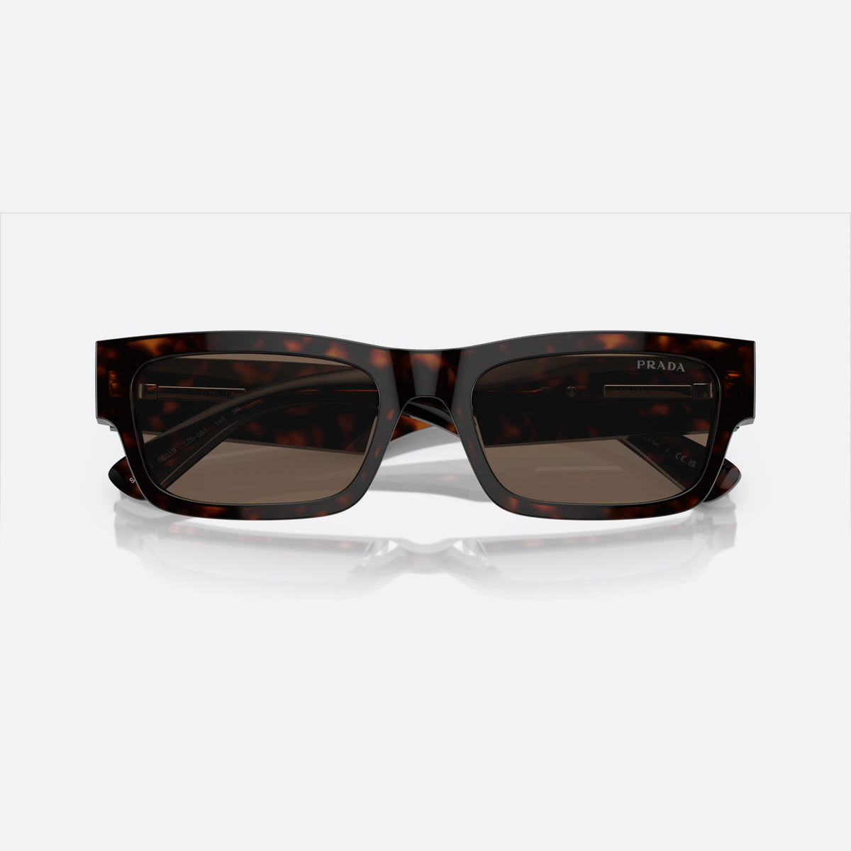 Prada PR A03S 17N/08T sunglasses, havana rectangular frame for men, plain bridge, brand lettering on temple