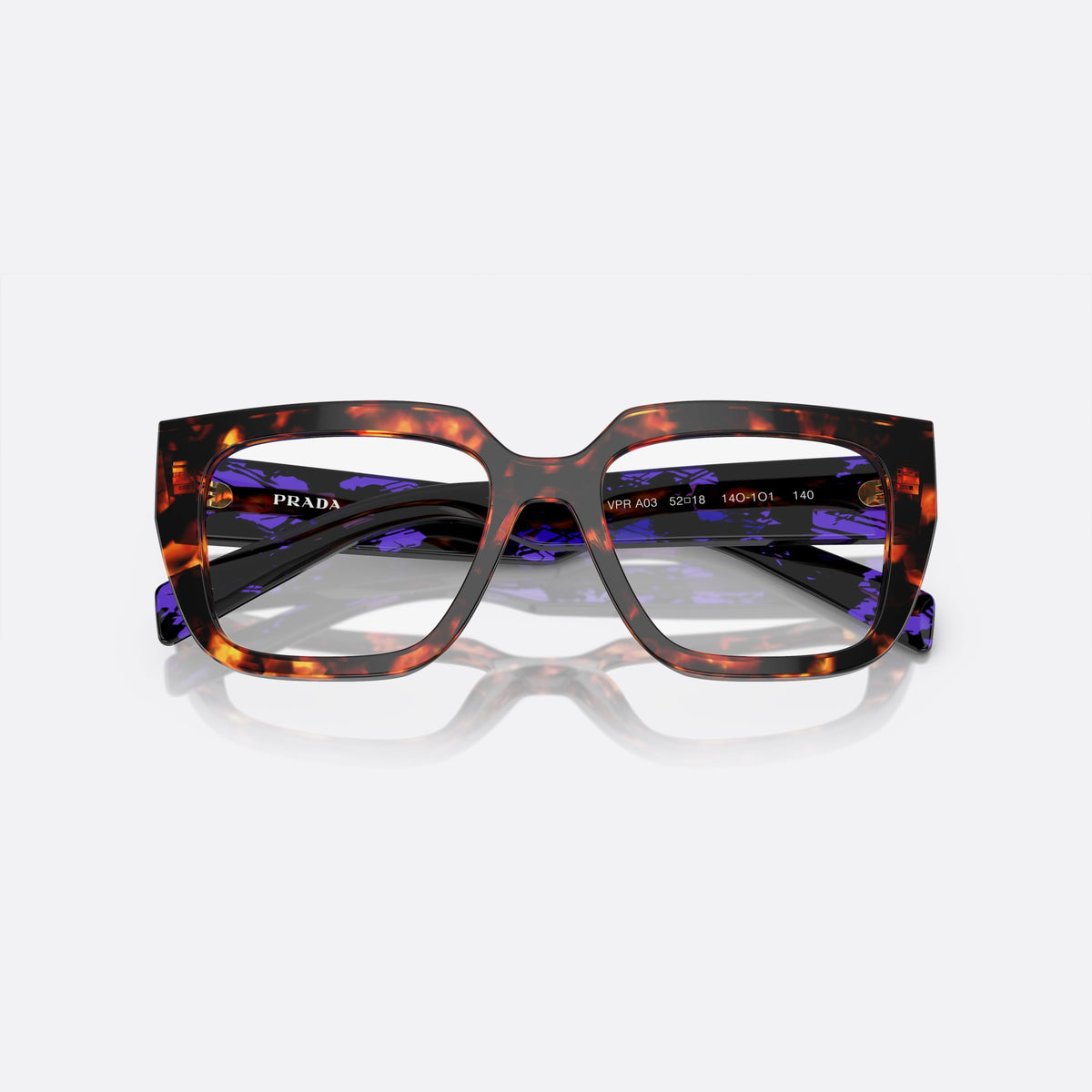 Prada PR A03V 14O-1O1 K eyeglasses, havana squared frame for women, plain saddle bridge, brand lettering on temples, folded