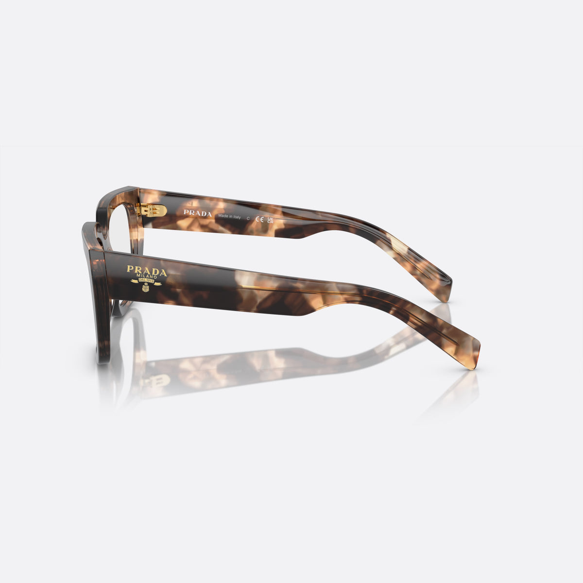 Prada PR A03V 14P-1O1 N eyeglasses, havana irregular frame for women, plain double bridge, brand lettering on temples