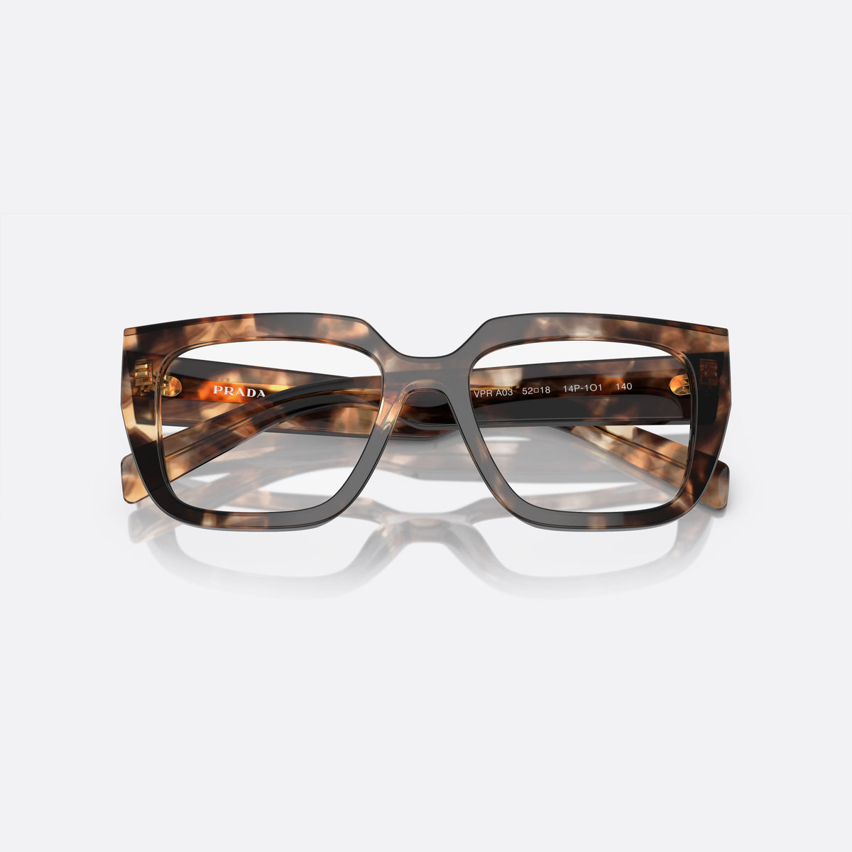 Prada PR A03V 14P-1O1 N eyeglasses, havana irregular frame for women, plain double bridge, brand lettering on temples