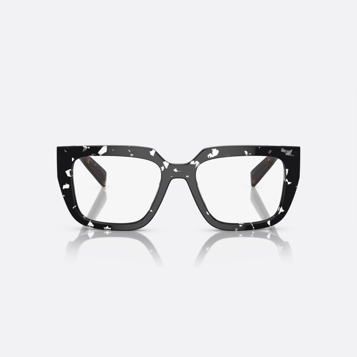 Prada PR A03V 15O-1O1 X eyeglasses, black squared frame for women, plain bridge, integrated into front, wide flat temples, front view