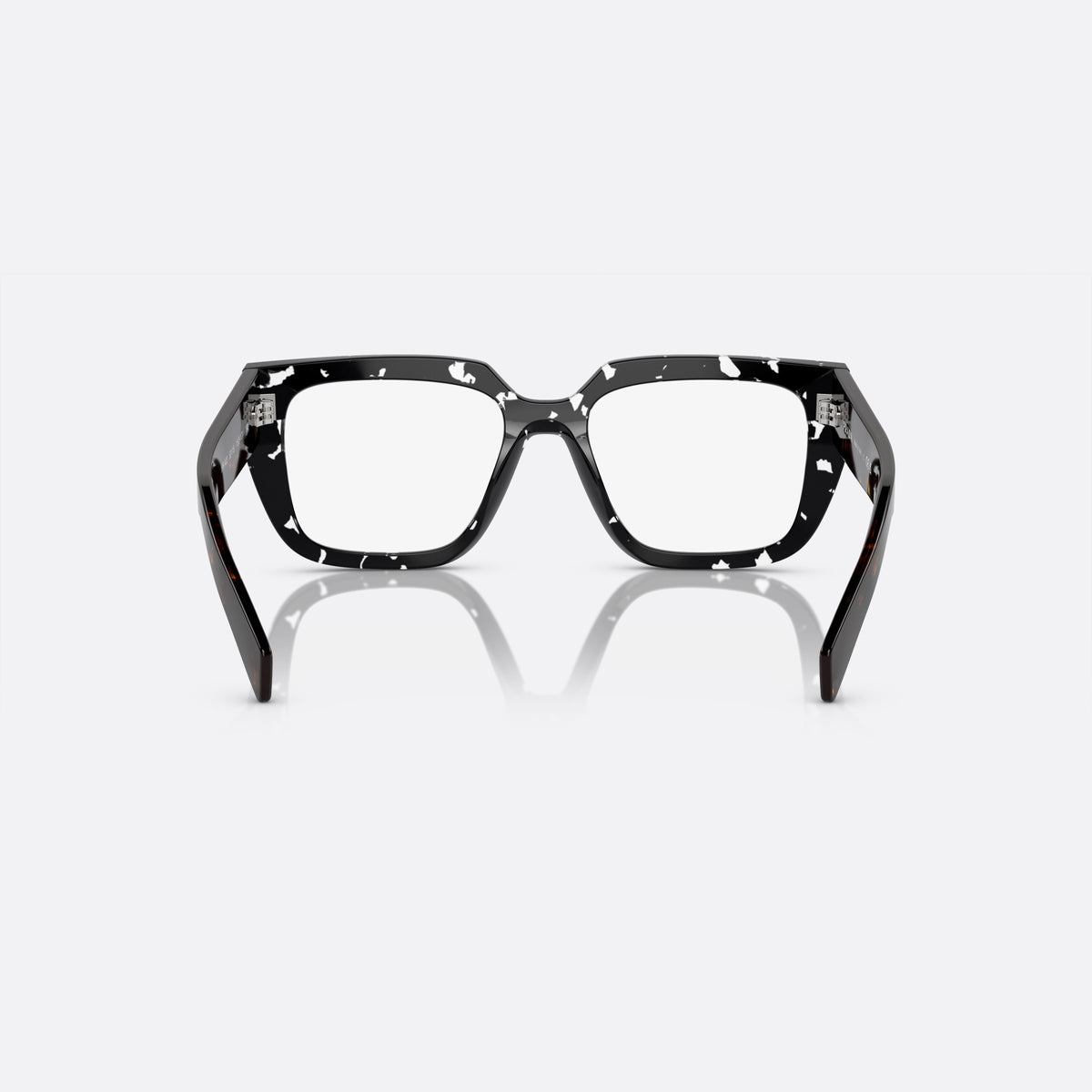 Prada PR A03V 15O-1O1 X eyeglasses, black squared frame for women, plain bridge, integrated into front, wide flat temples, back view