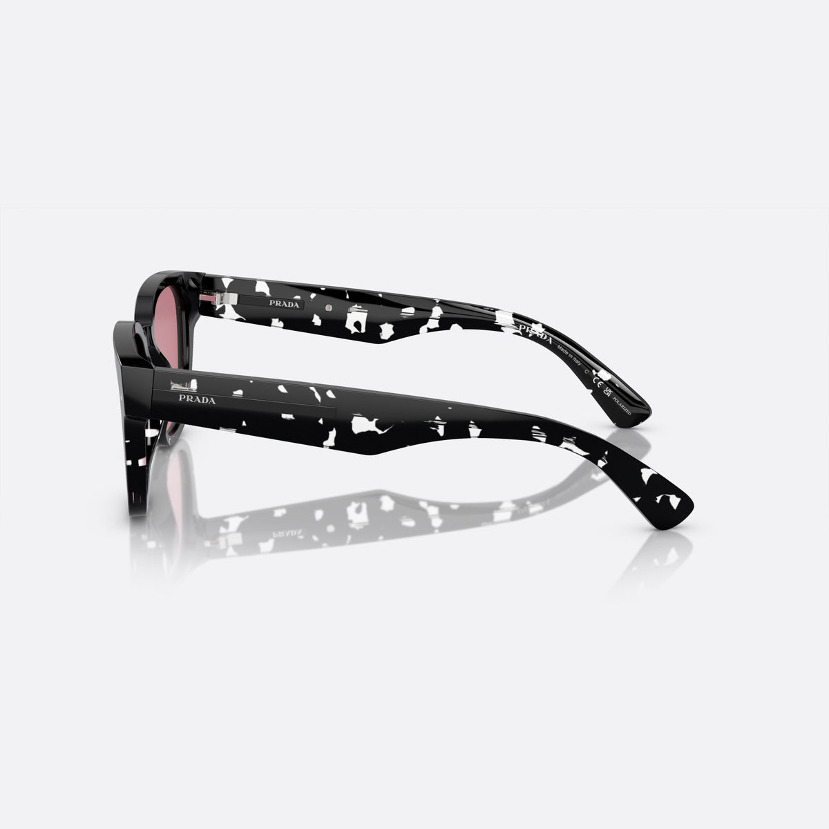 Prada PR A04S 15O-70C sunglasses, black pantos frame for men, plain integrated bridge, brand lettering on temples, side view