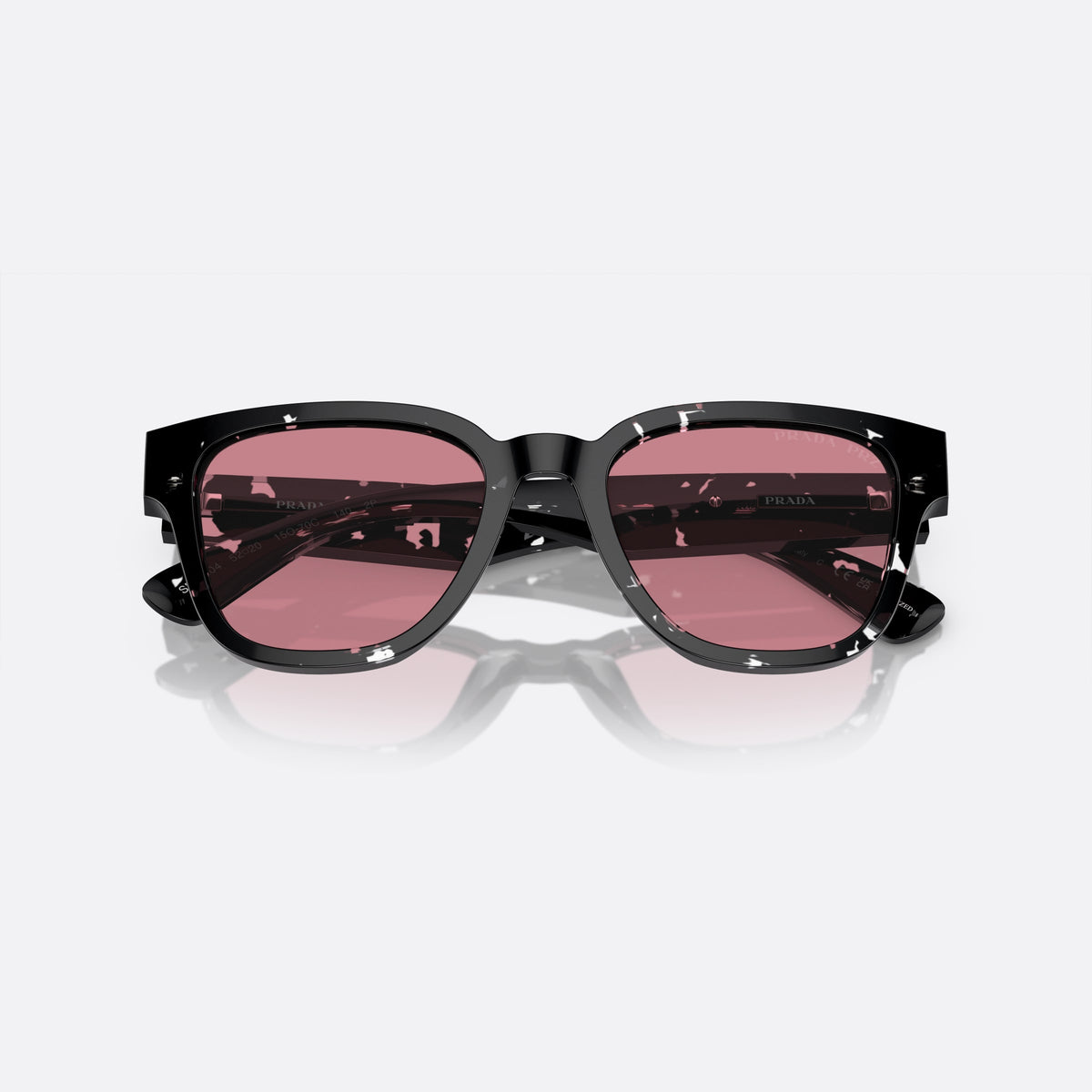 Prada PR A04S 15O-70C sunglasses, black pantos frame for men, plain integrated bridge, brand lettering on temples, folded