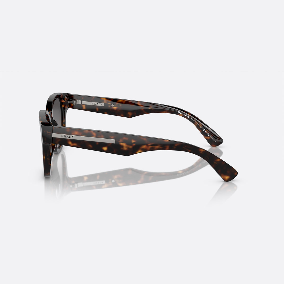Prada PR A04S 19J-09G sunglasses, silver pantos frame for men, plain double bridge, brand lettering on temples, side view