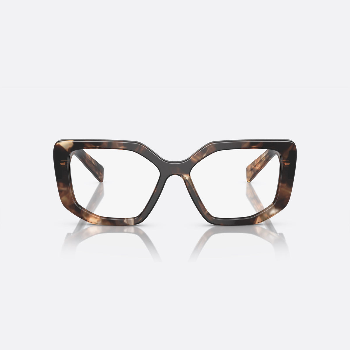 Prada PR A04V 07R-1O1 eyeglasses, havana geometric frame for women, plain bridge, integrated into front, wide tapered temples, front view