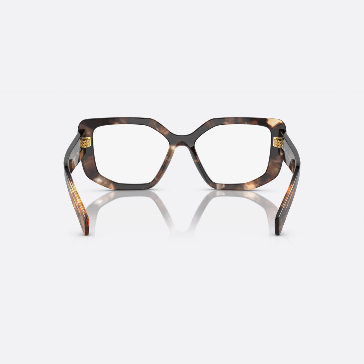 Prada PR A04V 07R-1O1 eyeglasses, havana geometric frame for women, plain bridge, integrated into front, wide tapered temples, back view
