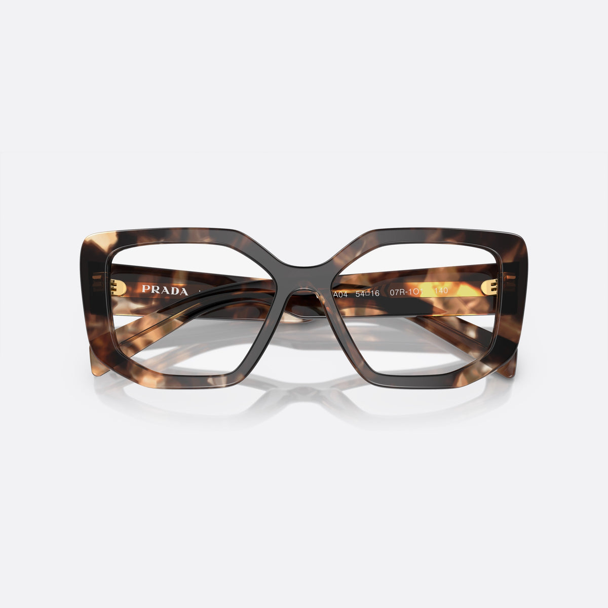 Prada PR A04V 07R-1O1 eyeglasses, havana geometric frame for women, plain bridge, integrated into front, wide tapered temples, folded