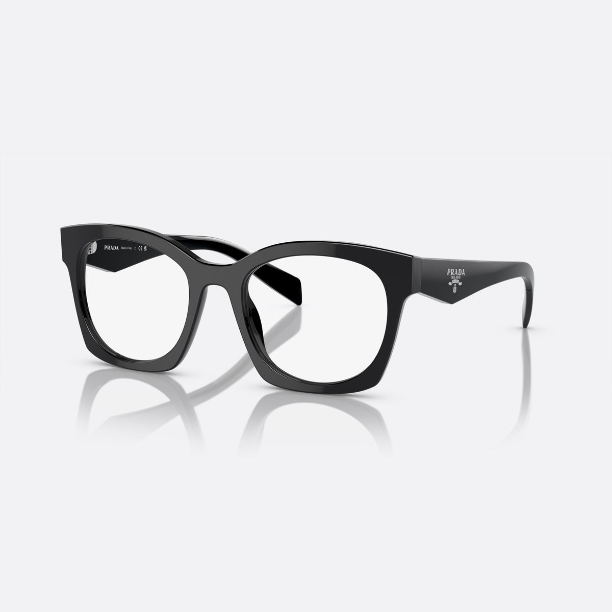 Prada PR A05V 16K-1O1 M eyeglasses, black butterfly frame for women, plain saddle bridge, brand lettering on temples
