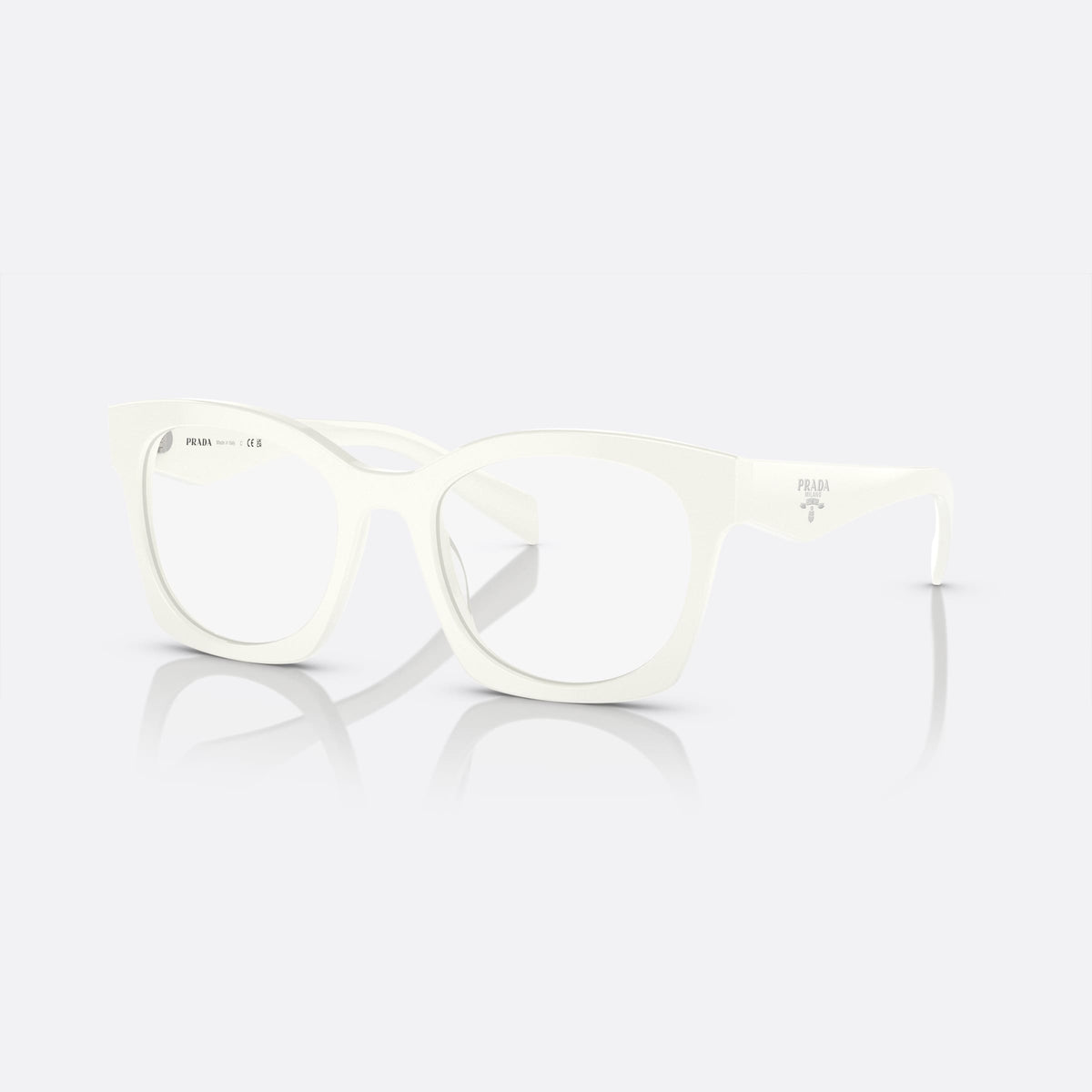 Prada PR A05V 17K-1O1 A eyeglasses, white butterfly frame for women, plain integrated bridge, brand lettering on temples