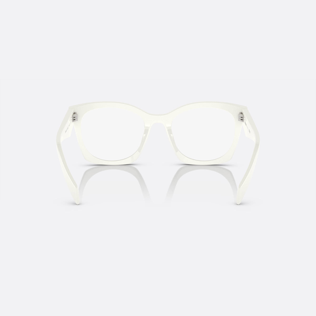 Prada PR A05V 17K-1O1 A eyeglasses, white butterfly frame for women, plain integrated bridge, brand lettering on temples, back view