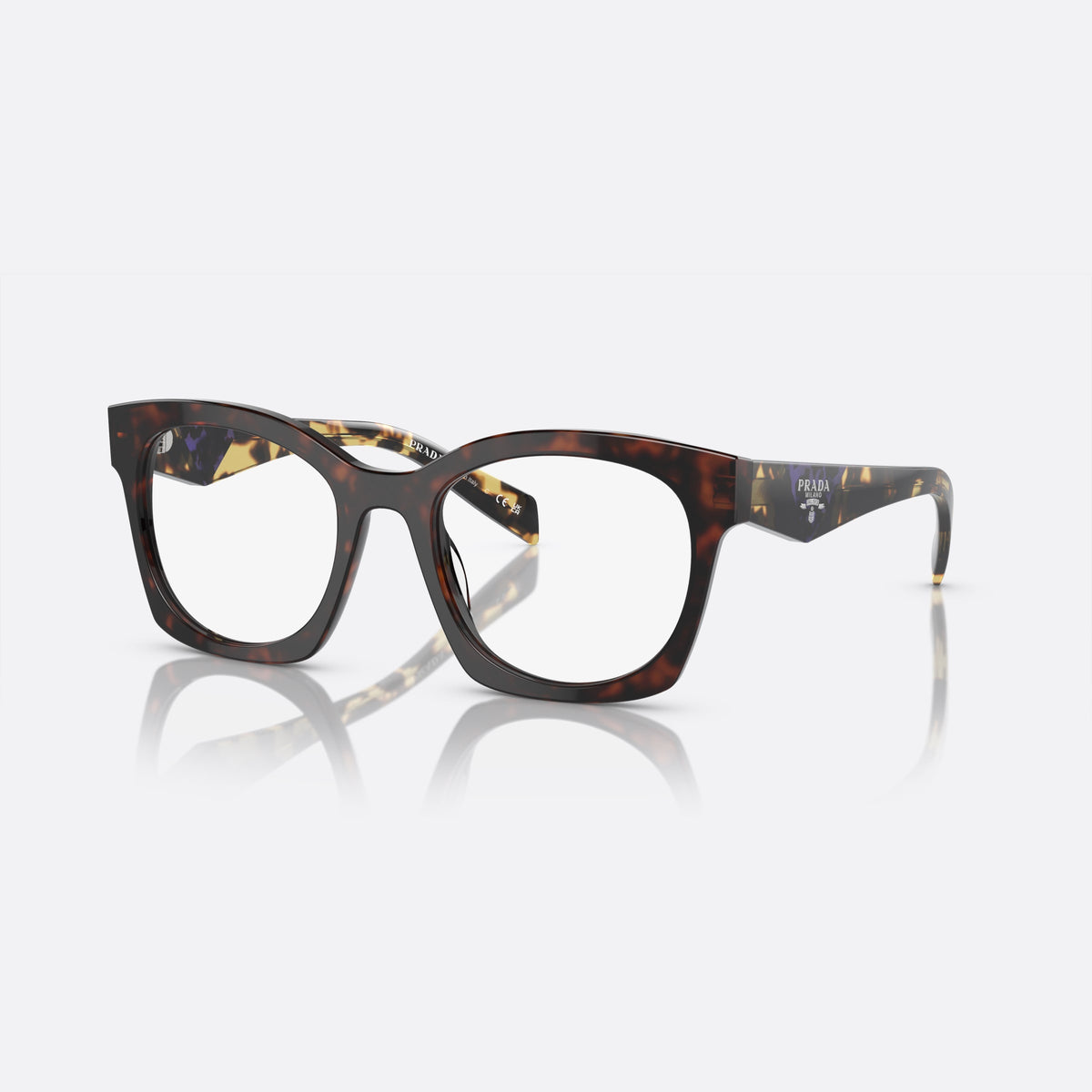 Prada PR A05V 17N-1O1 L eyeglasses, havana butterfly frame for women, plain bridge, integrated design, brand plaque on temple