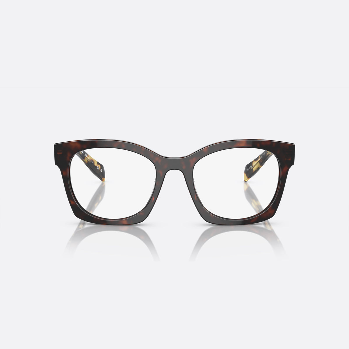 Prada PR A05V 17N-1O1 L eyeglasses, havana butterfly frame for women, plain bridge, integrated design, brand plaque on temple, front view