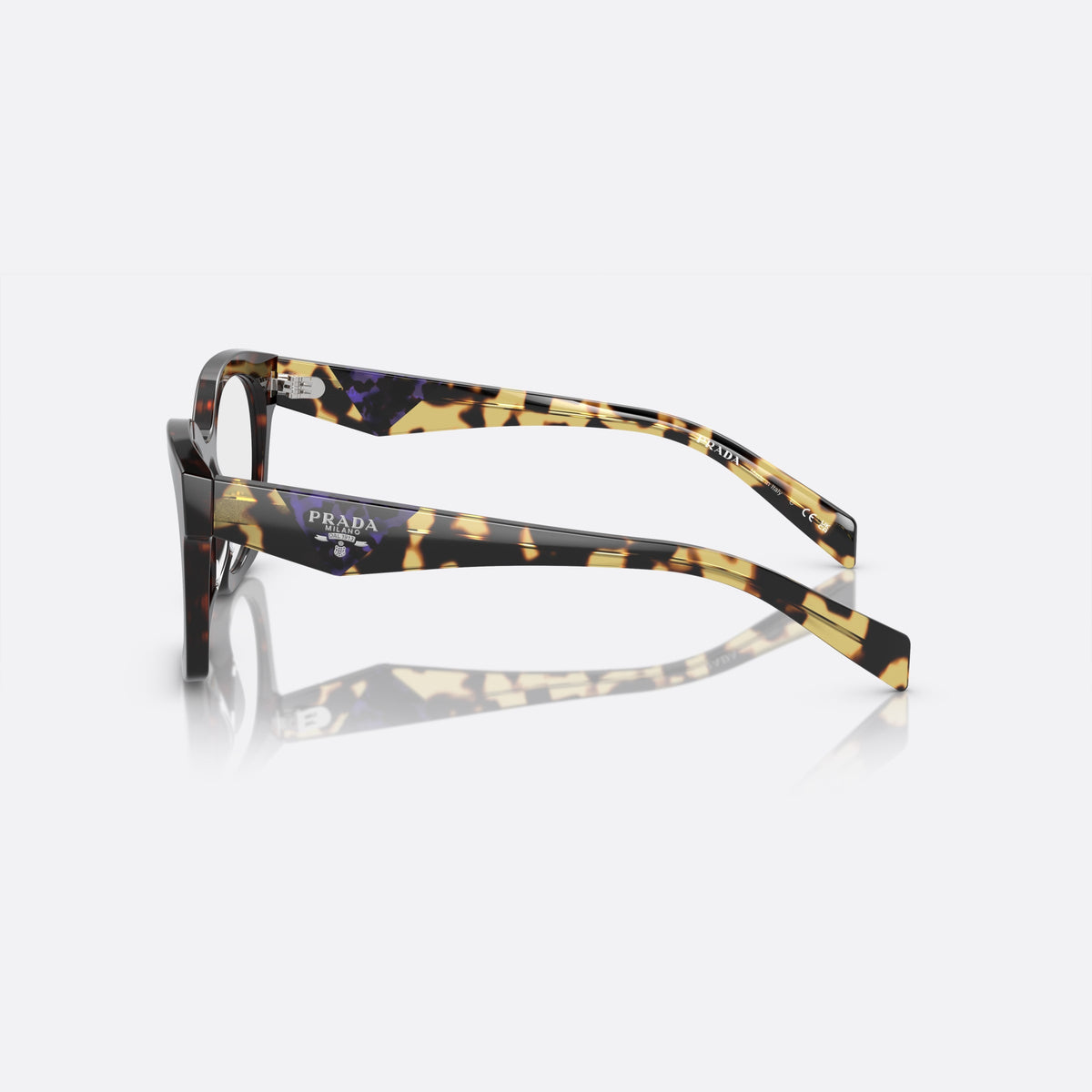 Prada PR A05V 17N-1O1 L eyeglasses, havana butterfly frame for women, plain bridge, integrated design, brand plaque on temple, side view