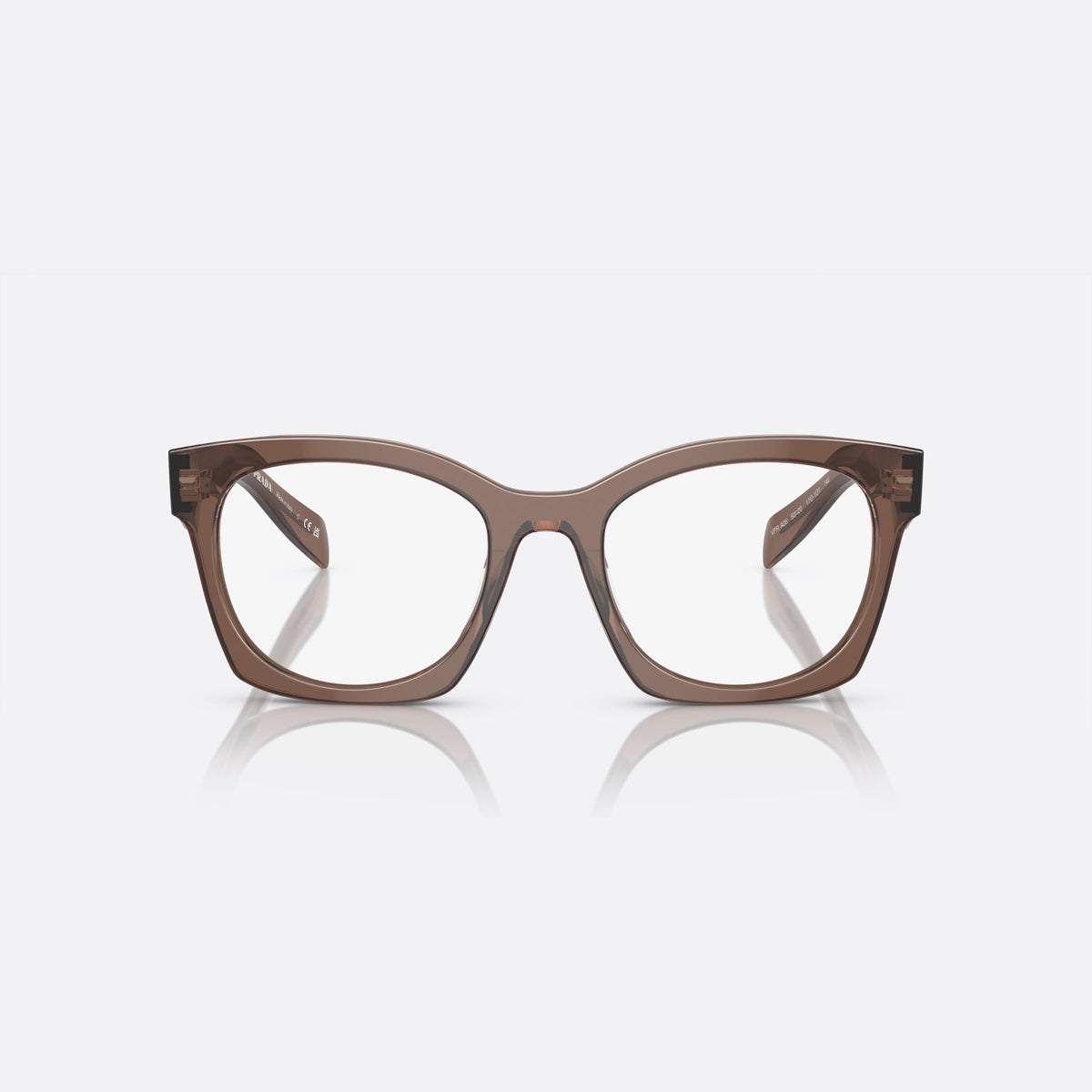 Prada PR A05V 17O-1O1 eyeglasses, brown butterfly frame for women, plain bridge, brand lettering on temples, full-rim frame, front view