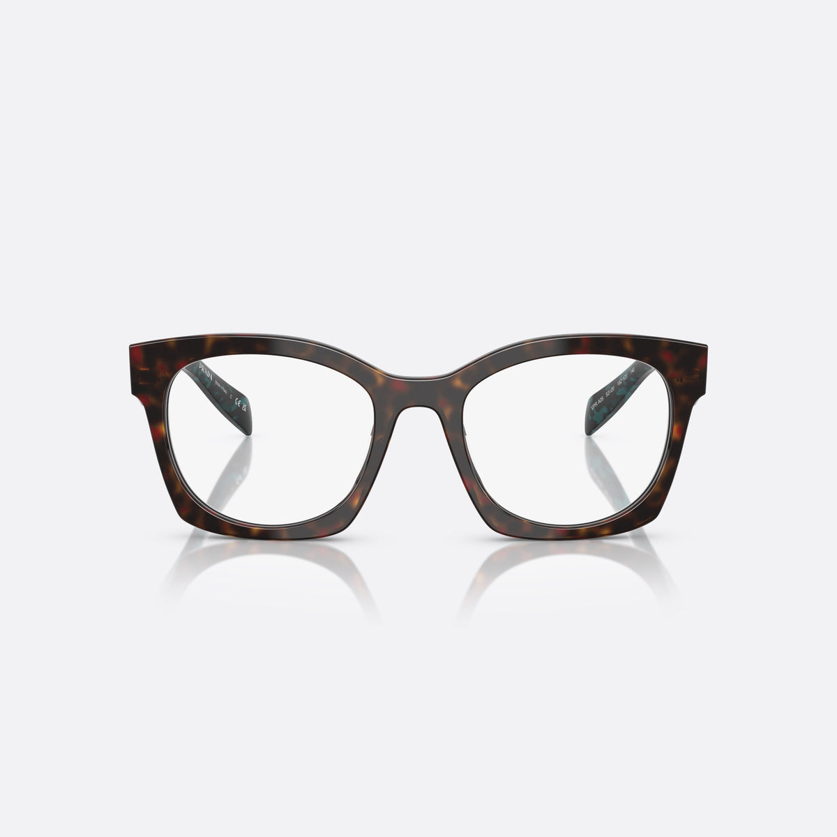 Prada PR A05V 18Z1O1 eyeglasses, havana butterfly frame for women, plain double bridge, brand lettering on temples, front view