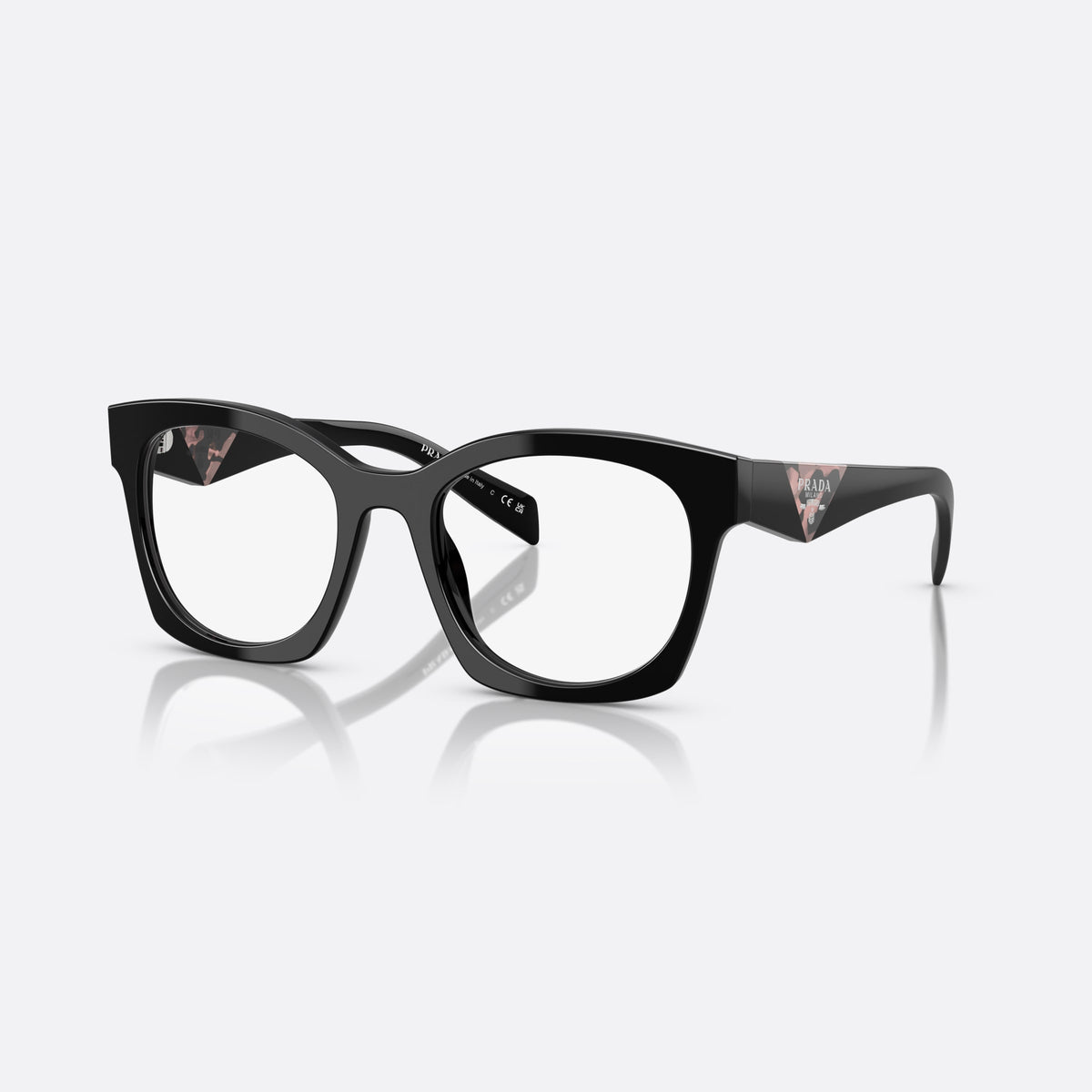 Prada PR A05V 27A1O1 eyeglasses, black butterfly frame for women, plain bridge, integrated with rims, slim tapered temples