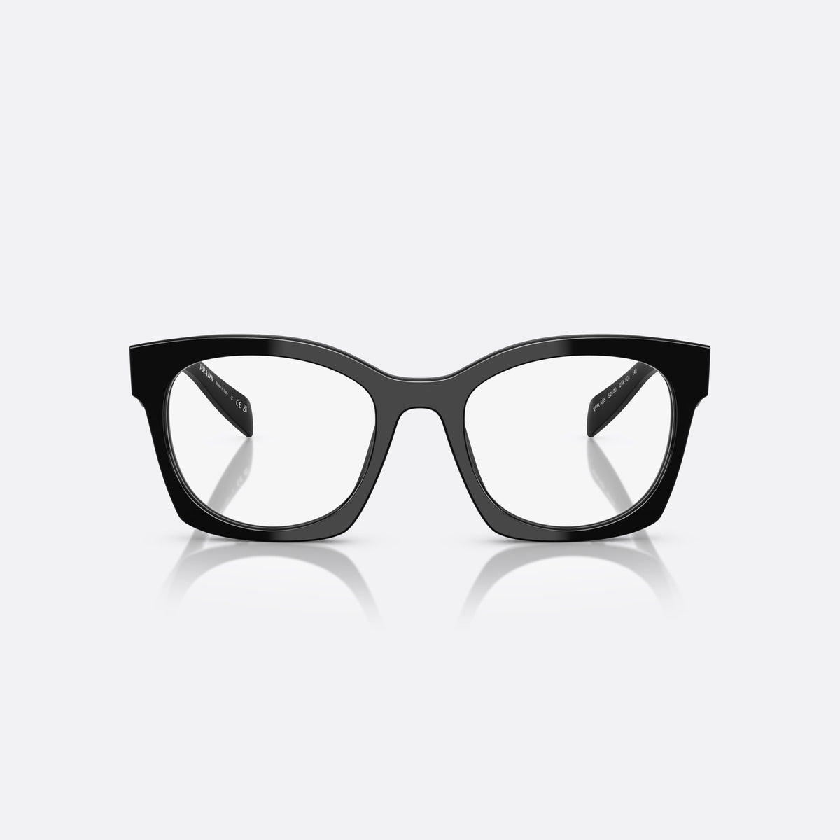 Prada PR A05V 27A1O1 eyeglasses, black butterfly frame for women, plain bridge, integrated with rims, slim tapered temples, front view