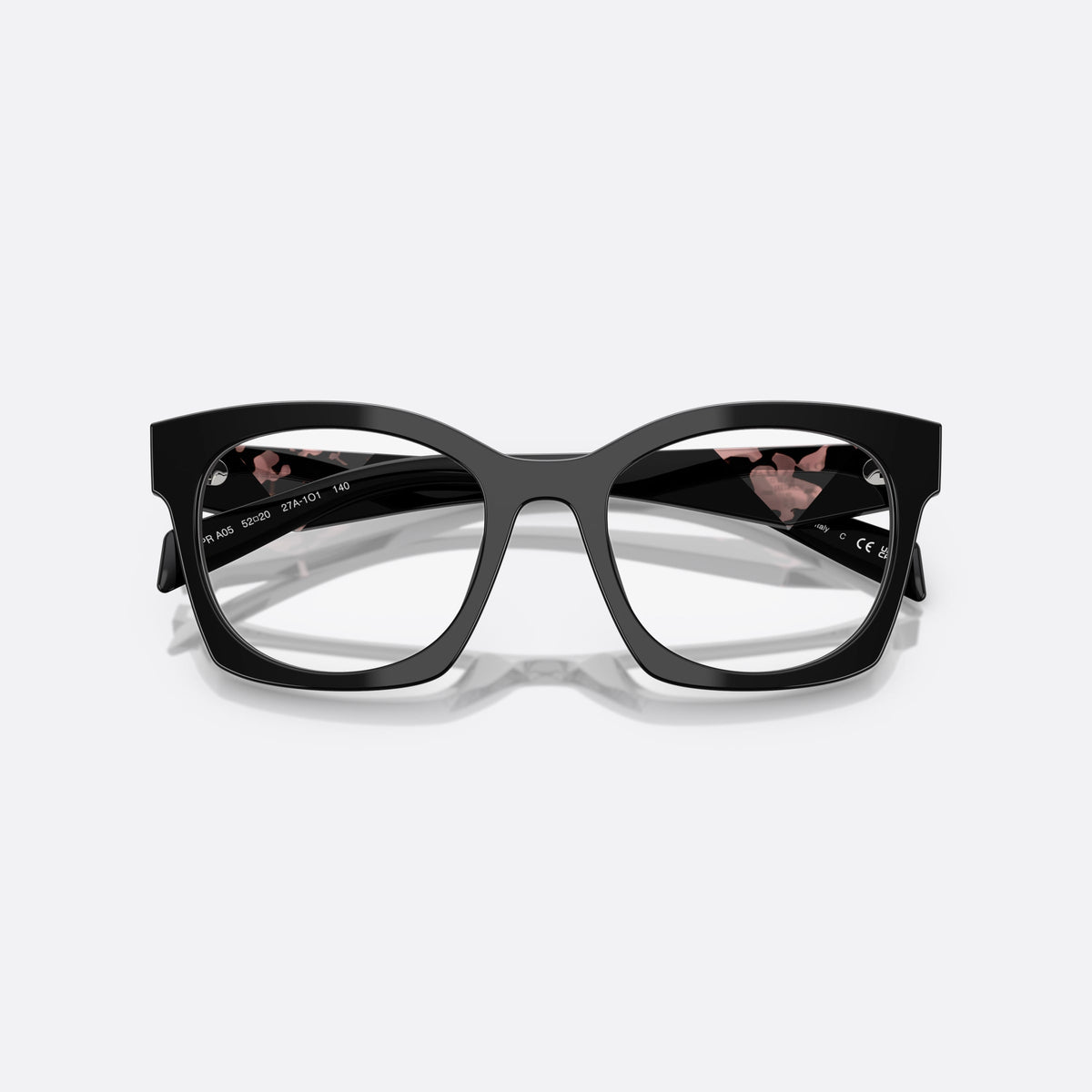 Prada PR A05V 27A1O1 eyeglasses, black butterfly frame for women, plain bridge, integrated with rims, slim tapered temples, folded