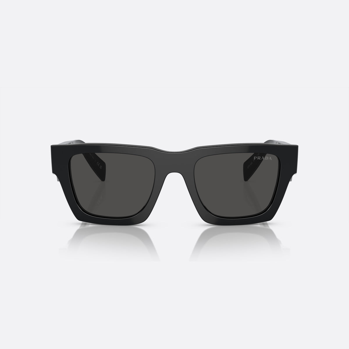 Prada PR A06S 16K-08Z B sunglasses, black pillow frame for men, plain solid bridge, brand logo on temple, front view