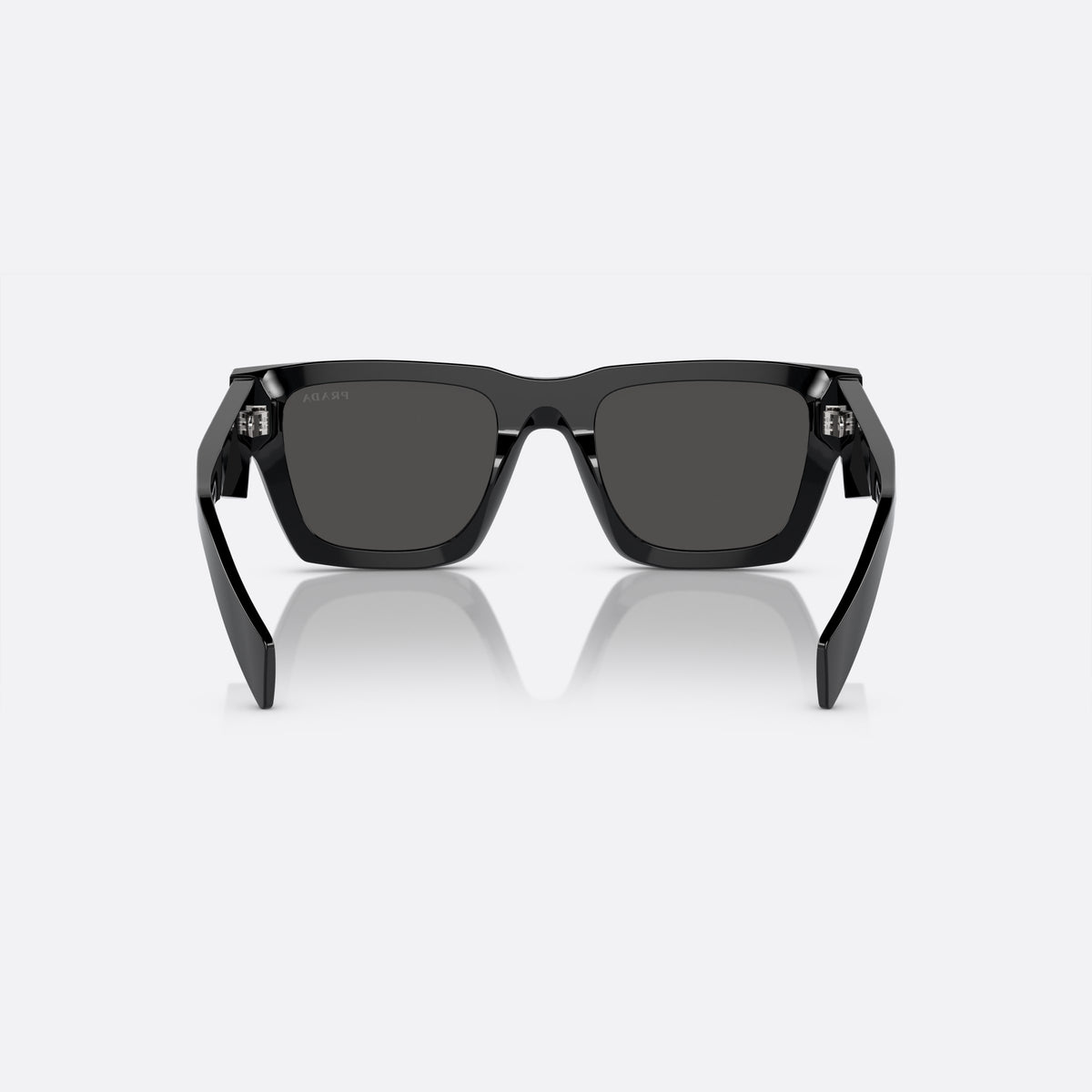 Prada PR A06S 16K-08Z B sunglasses, black pillow frame for men, plain solid bridge, brand logo on temple, back view