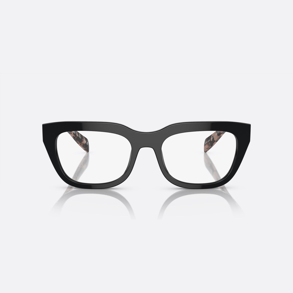 Prada PR A06V 13P-1O1 A eyeglasses, black irregular frame for women, plain integrated bridge, brand lettering on temples