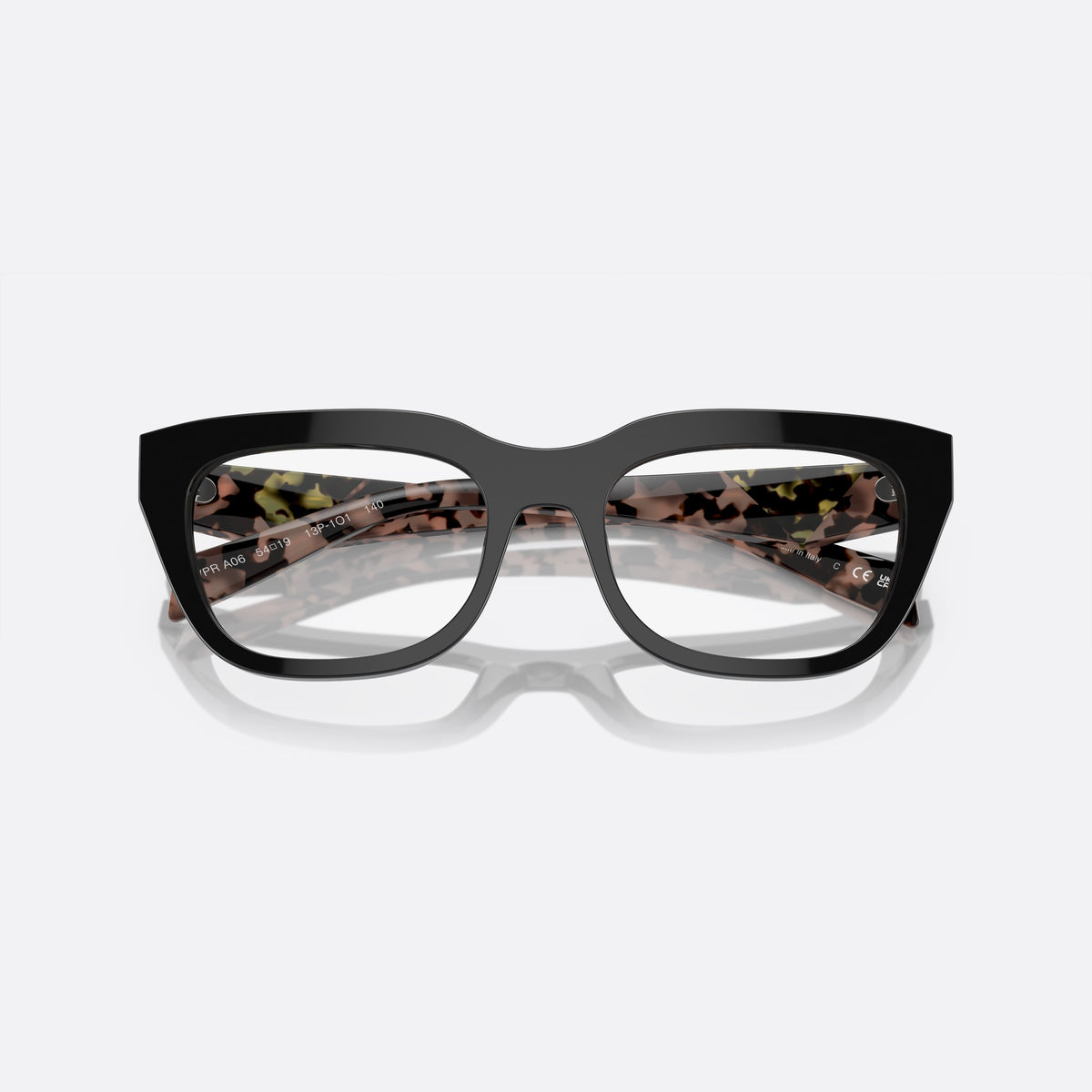 Prada PR A06V 13P-1O1 A eyeglasses, black irregular frame for women, plain integrated bridge, brand lettering on temples