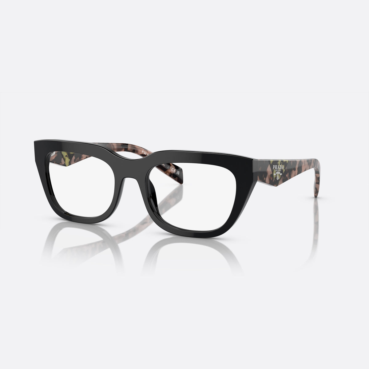 Prada PR A06V 13P-1O1 A eyeglasses, black geometric frame for women, plain bridge, integrated into front, full-rim frame