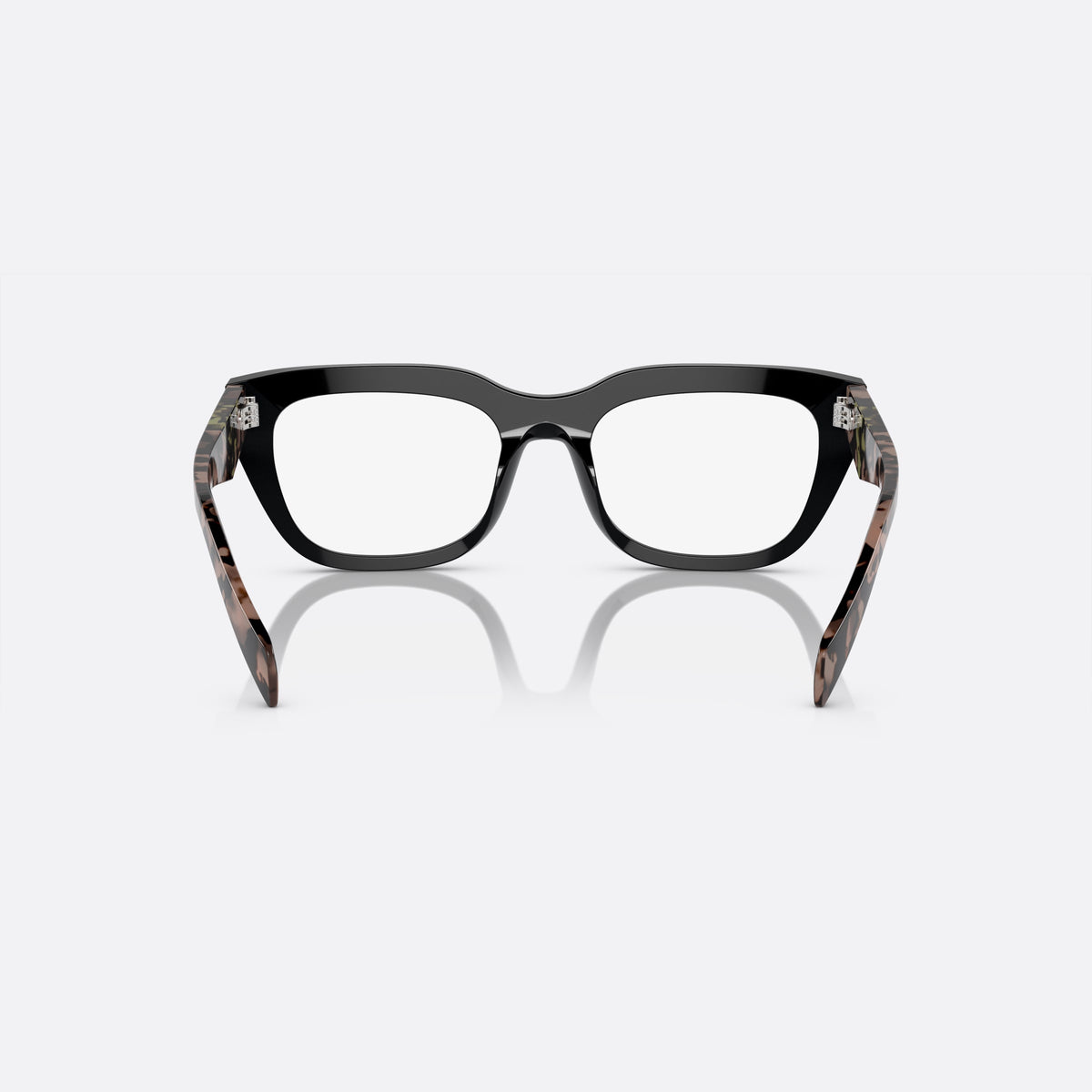 Prada PR A06V 13P-1O1 A eyeglasses, black geometric frame for women, plain bridge, integrated into front, full-rim frame, back view