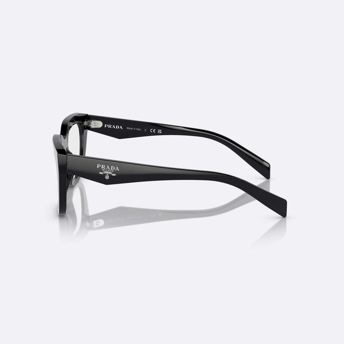 Prada PR A06V 16K-1O1 M eyeglasses, black geometric frame for women, plain integrated bridge, brand lettering on temples, side view